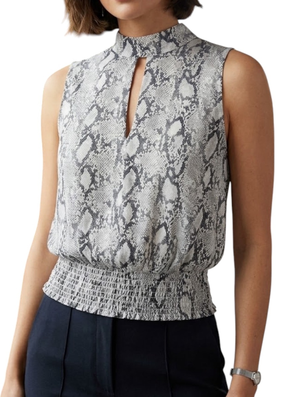 Frame Snaket Women’s Sz M US High Neck Sleeveless Ruffle Print Top Gray Silk